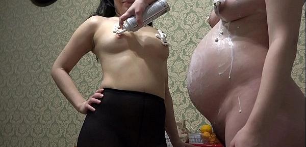  Lesbian licking cream from pregnant milf, fetish foreplay with food.